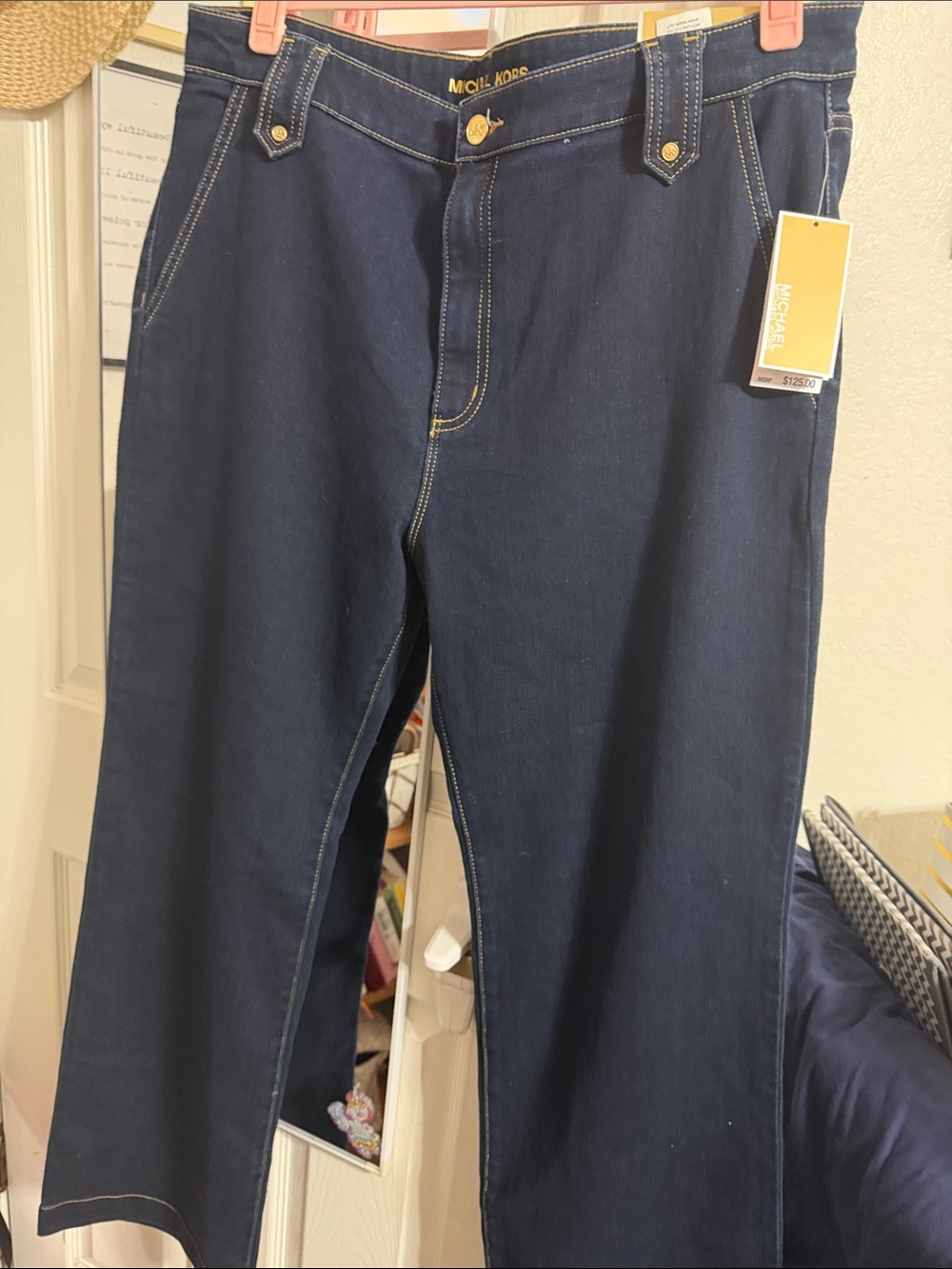 Michael Kors Navy Bootcut Jeans with Gold Hardware